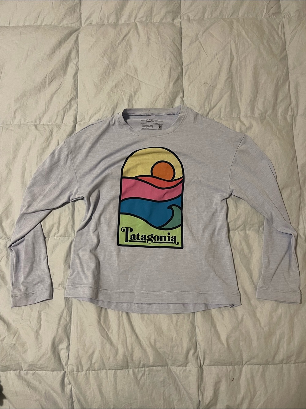 Patagonia Kids Long Sleeve Tee with Multicolor Sunset Graphic - Light Gray